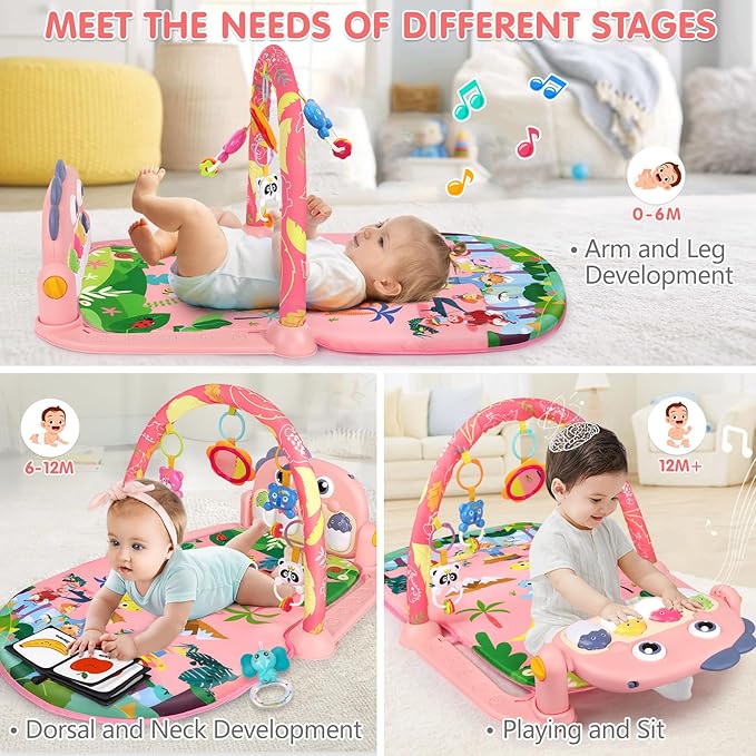 UMIKU Baby Play Mat Baby Tummy Time Mat Infant Newborn Musical Activity Center with High-Contrast Piano Music & Light Newborn Babies Gift for Girl Boy Babies 0-6 6-12 Month Pink Dinosaur