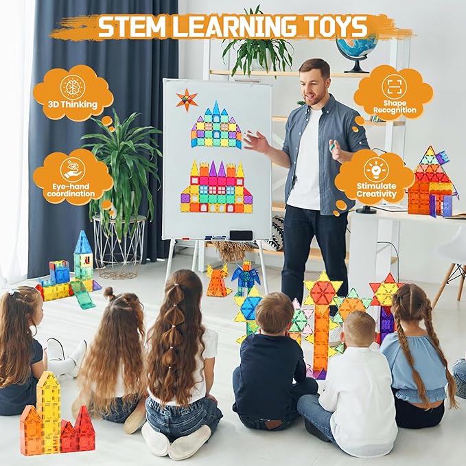 Magnetic Tiles - 130PCS Magnetic Blocks for Kids, Magnet Tiles Building Blocks Set with 2 Cars, Construction STEM Magnet Toys Gift for Kids, Boys and Girls 3 4 5 6 7 8+ Year Old