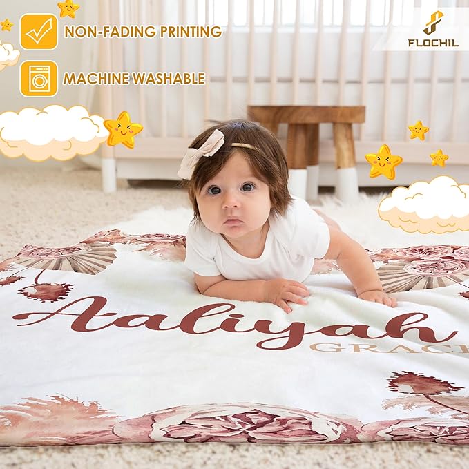 FLOCHIL Personalized Baby Blankets, Custom Baby Blanket - Baby Blanket with Name for Girls, Best Gift for Newborn Floral Plush Fleece (30x40)