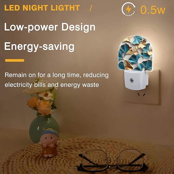 Night Light, Turquoise and Gold Ginkgo Leaves Night Lights Plug into Wall Dusk to Dawn Sensor Round Nightlight for Women Men Energy Efficient Led Lamp 0.5W for Stairway Hallway Bedroom