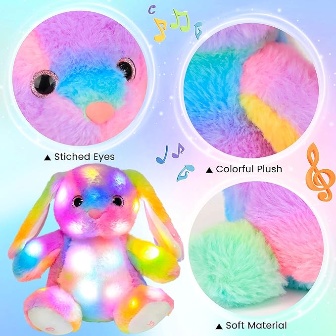 Hopearl LED Musical Stuffed Bunny Colorful Lighting Up Singing Plush Rabbit Adjustable Volume Lullaby Animated Soothe Birthday Festival for Kids Toddlers, 10''