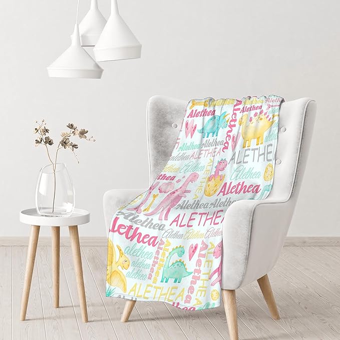 Personalized Dinosaur Custom Baby Blanket with Name - Swaddle Blanket for Toddlers, Infants, Kids - Shower, Newborns, Nursery, Stroller, Crib Decor - Throw Birthday Gift