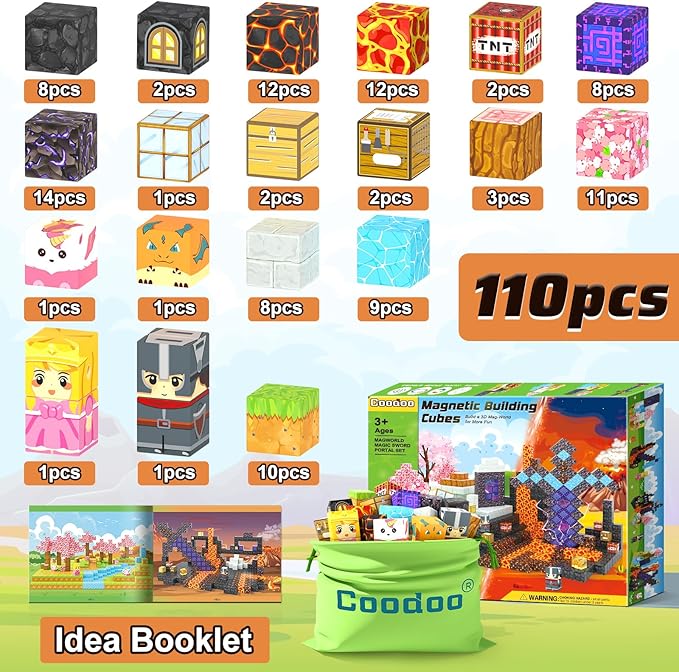 Coodoo 110PCS Magnetic Blocks - Build Mine Magnet World Magic Sword Portal Set, Magnet Kids Toys for Boys & Girls Age 3-5 4-8 5-7, STEM Magnetic Tiles Building Games Sensory Outdoor Toddler Toys