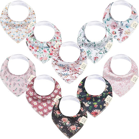 10-Pack Organic Baby Bandana Bibs for Girls - Super Absorbent Triangle Baby Bibs for Drooling and Teething Infant, 100% Cotton Extra Soft for Newborn, Infant 0-36 Months (Tea Party)