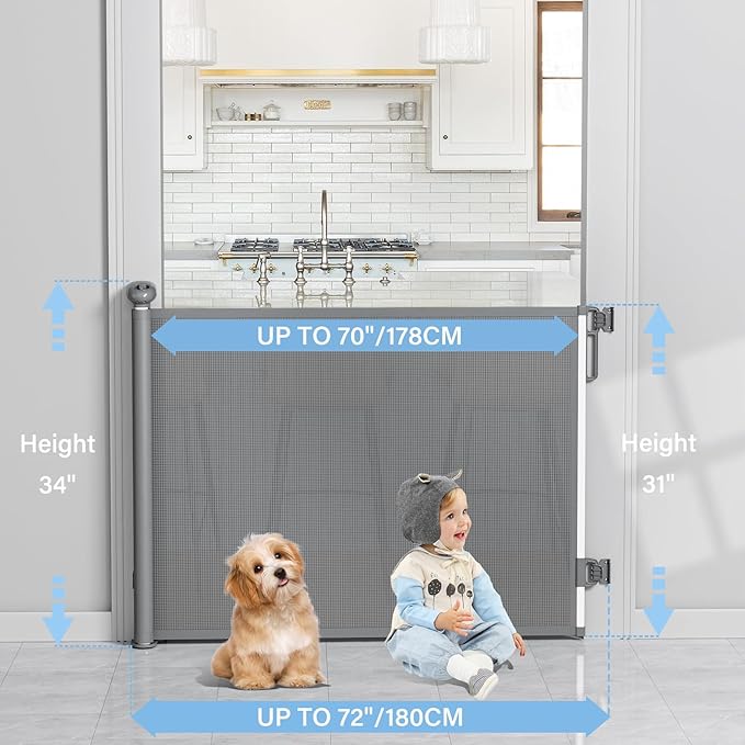 PRObebi Retractable Baby & Dog Gate - Extends to 72" Wide, 34" Tall, for Stairs, Doorways, Hallways & Outdoor Use