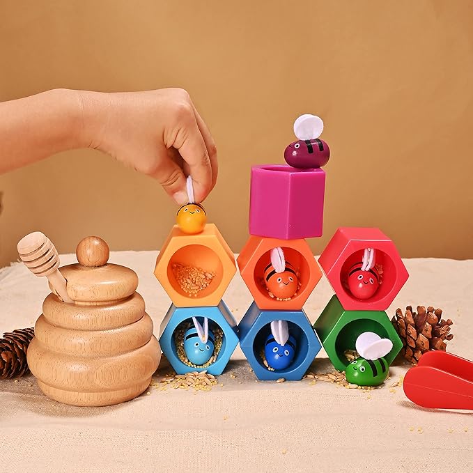 Sorting Stacking Wooden Sensory Bin Tools for Toddlers, Bee Hive Toy, Montessori Educational Gift for 3-5 Years Old, Fine Motor Skill Learning Toys