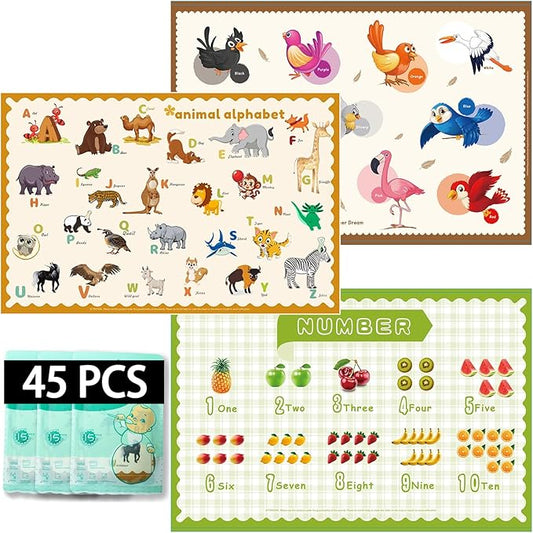 45 Pack Sticky Disposable Placemats for Baby & Toddlers,Toddler Placemat 12"x18" Kids Table Mat for Party, Picnic Table, Restaurants Dining Table Travel Essentials for Toddlers with 3 Designs