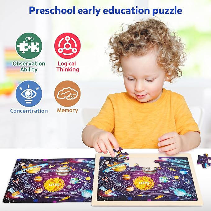 SYNARRY Large US World Earth Solar System Wooden Puzzles for Kids Gift Box(12.2*9.4 in) - FSC Certified, Puzzles for Toddlers 3-5, Puzzles for Kids Ages 4-6, Map Toys Gifts for 3 4 5 Year Old Boy Girl