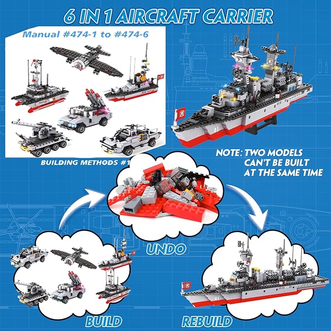 1296 Pieces Aircraft Carrier Building Blocks Set, Military Warship Battleship Building kit with Airplane, Patrol Boat, Army Car, Tank, Creative Roleplay Ship Gift Toys for Kids Boys Girls 6-12 Years