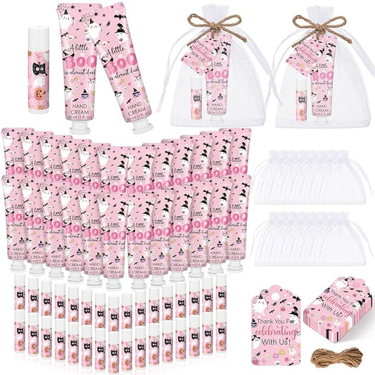 24 Sets Halloween a Little Boo Is Almost Due Baby Shower Hand Cream and Lip Balm Gift Travel Size Hand Lotion and Lip Balm with Organza Bags Tags Pink Black Halloween Baby Shower Favors for Guests