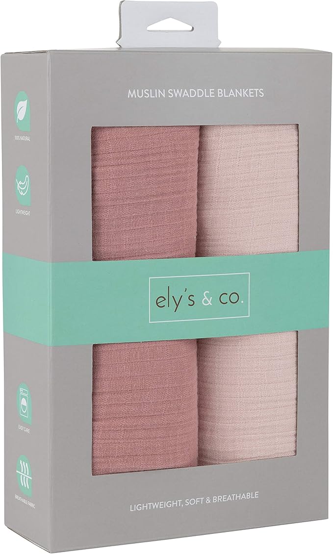 Ely’s & Co. Cotton Muslin Swaddle Blanket 2-Pack for Baby Girl — 100% Cotton Muslin Extra-Large Swaddle Blankets (47” x 47”) Cranberry & Rosewater Pink