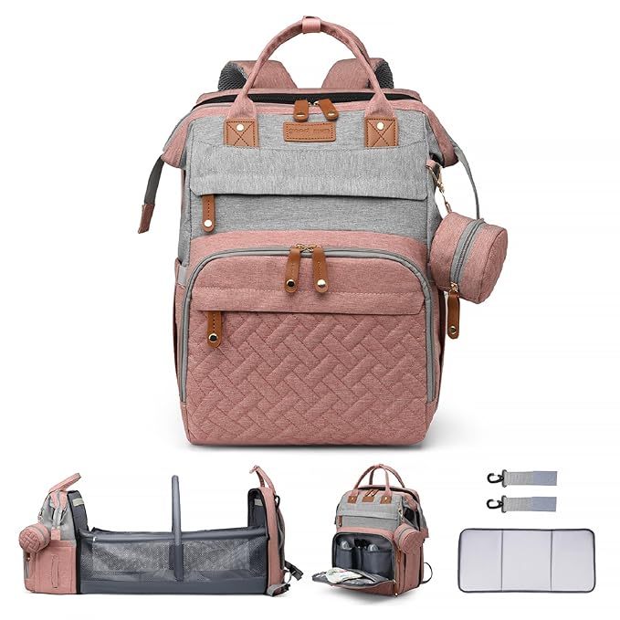 Diaper Bag Backpack Baby Diaper Bag Multifunctional Waterproof Diaper Bag with Changing Station Travel Backpack with Changing Pad, Baby Baby Pacifier Case & Stroller Straps(PinkGrey)