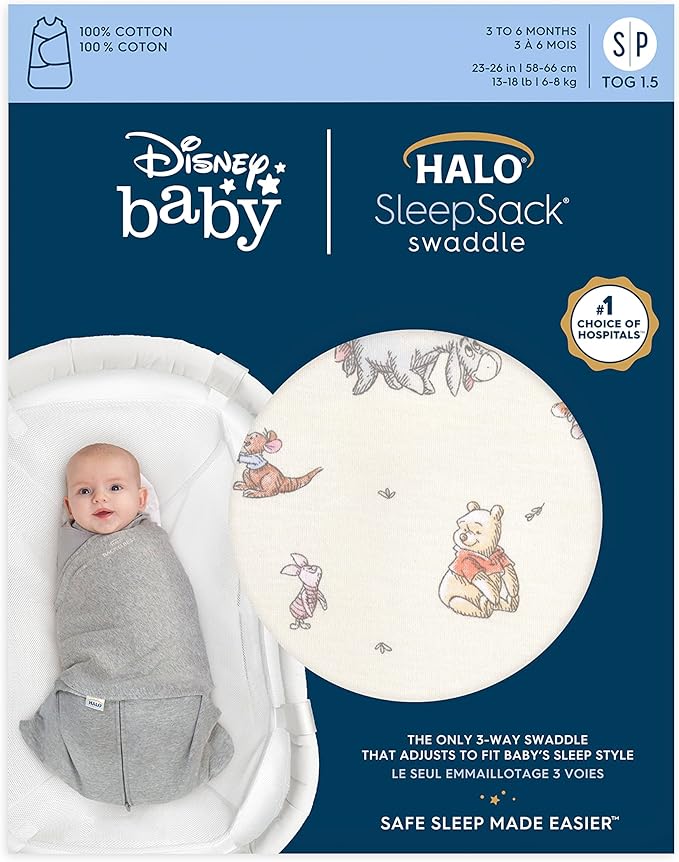 HALO Disney Baby 100% Cotton Sleepsack Swaddle, 3-Way Adjustable Wearable Blanket, TOG 1.5, Winnie Frolic, Small, 3-6 Months