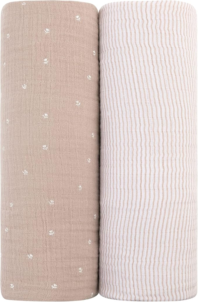 Ely's & Co. Cotton Muslin Swaddle Blanket 2-Pack — 100% Cotton Muslin Extra-Large Swaddle Blankets (47” x 47”) White Tulip on Pink + Stripes