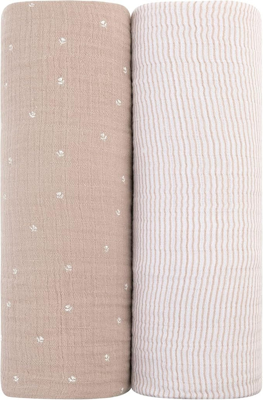 Ely's & Co. Cotton Muslin Swaddle Blanket 2-Pack — 100% Cotton Muslin Extra-Large Swaddle Blankets (47” x 47”) White Tulip on Pink + Stripes