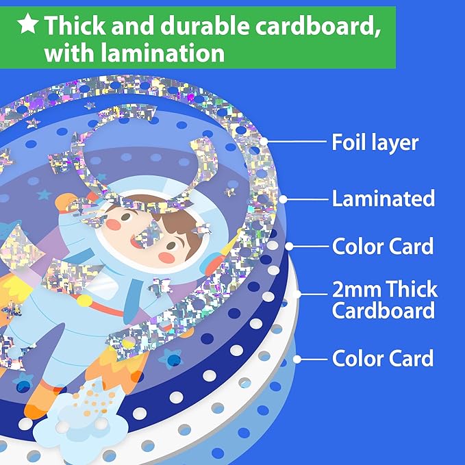 Premium Foil Edge Lacing Cards for Kids Ages 3-6 | 5 Double-Sided Space Sewing Cards with Multilingual Learning | Durable Cardboard Fine Motor Skills Activity Kit