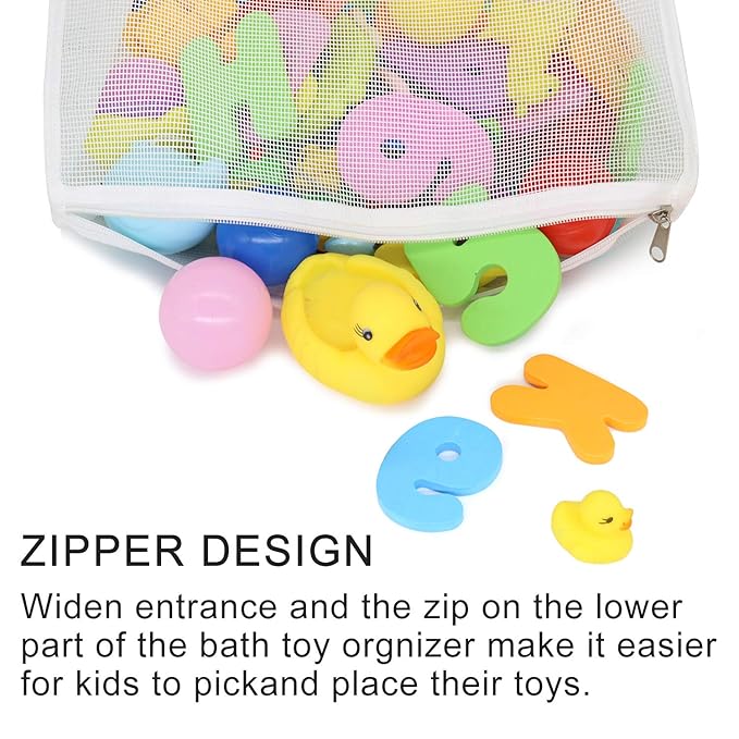 Bath Toy Organizer Multiple Ways to Hang, Extra Large Opening Bathroom Toy Holder, Bottom Zipper Bathtub Toy Storage Bag (White)