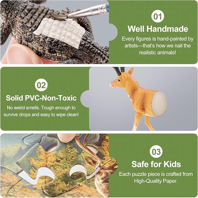 12PCS Large North American Animal Figurines & 67PCS Large Woodland Jigsaw Puzzles Toys for Preschool Kids Toddlers, Ideal Realistic Safari Animals Toys Gift for Toddlers Kids