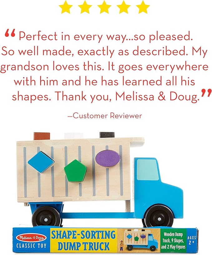 Melissa & Doug Shape-Sorting Wooden Dump Truck Toy with 9 Colorful Shapes and 2 Play Figures Wooden Vehicle Toys, Shape Sorter Toys for Toddlers Ages 2+