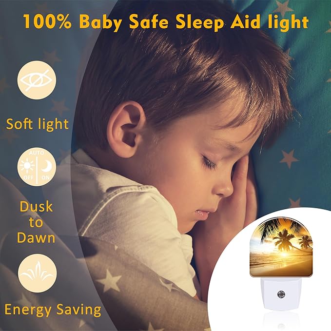 Tropical Ocean Beach Night Light, Palm Trees at Sunset Dusk to Dawn Night Light Plug in,0.5w Energy Saving Sleep Friendly NightLight for Kids Boys Girls Home Decor
