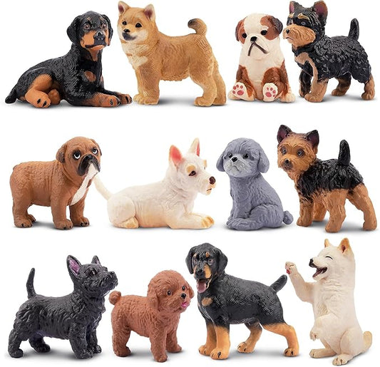 12PCS Dog Figurines, Realistic Plastic Puppy Figurines, Hand Painted Emulational Tiny Dogs Animals Toy, Dog Cake Topper Easter Egg Birthday Gift for Kids and Toddlers