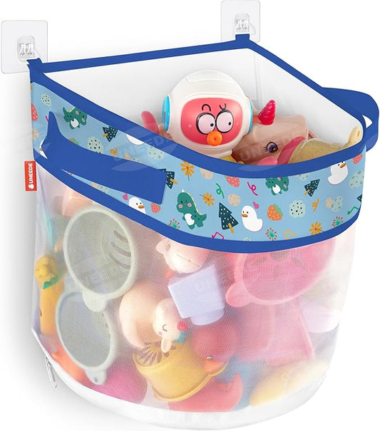 UNEEDE Dino Print Bath Toy Storage,4.15 Gallons Bathtub Toy Storage Organizer,Bath Toy Holder for Bathtub Organizer and Storage,Quick Dry Bath Toy Organizer,Mesh Shower Caddy,Blue Dinosaur Sutff