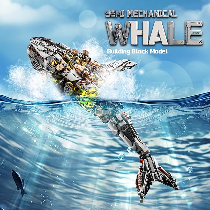 Mechanical Whale Building Set, Sea Animal Building Block Toy, Movable Ocean Animal with Display Stand, Home Decor Gift for Adults Teens Kids Boys（1388PCS）