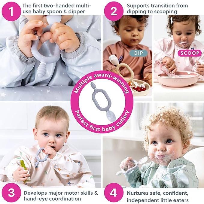 Bibado - Dippit Baby Spoon and Dipper, Mist (2-Pack) - Soft, Chewable Dipper & Deep Spoon - Two-Hand, Sensory Grip - Toddler Utensils - Baby Led Weaning Supplies - Baby Essentials - 6 Months+