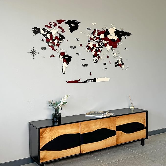 Colorfull Worlds 3D Wooden World Map Wall Art | Unique Wall Decor with Pins for Travel Enthusiasts | Home and Office Wall Décor | Burgundy | XXLarge