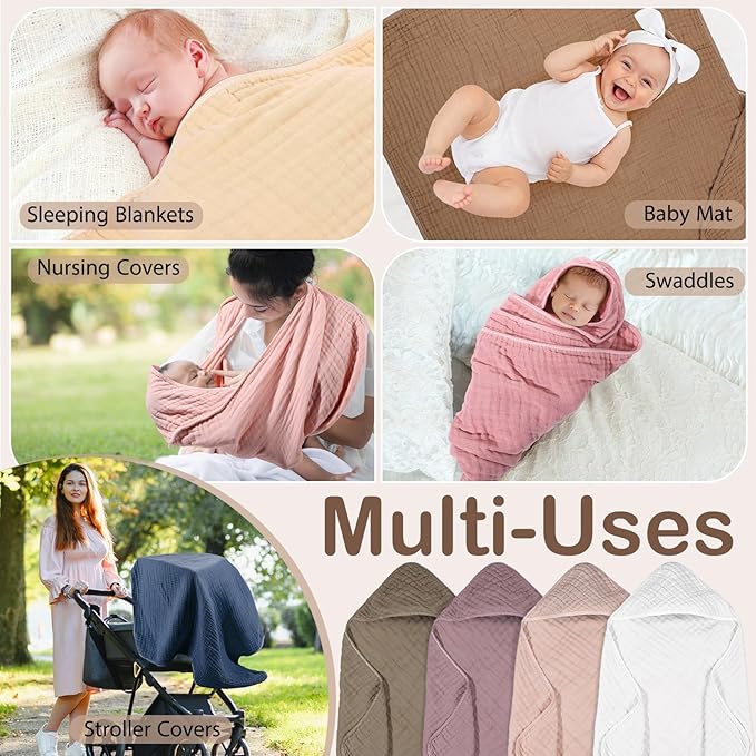 Peryiter 4 Pcs Muslin Hooded Baby Towels, 32"x 32" Cotton Newborn Bath Towel Muslin Infant Baby Blankets Absorbent Unisex Christmas Registry Gift Essentials for Girls Boys (Coffee)