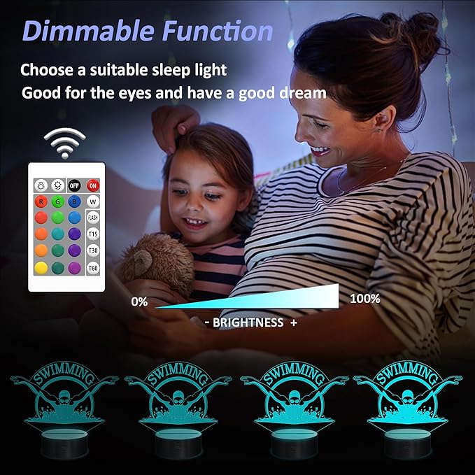 Swimming Gifts for Boys Girls, 3D Illusion Lamp, 3D Swimming Night Light with 16 Colors Remote and Touch Control, Swimmer Natator Decor for Kids Room, Girls Birthday Gifts