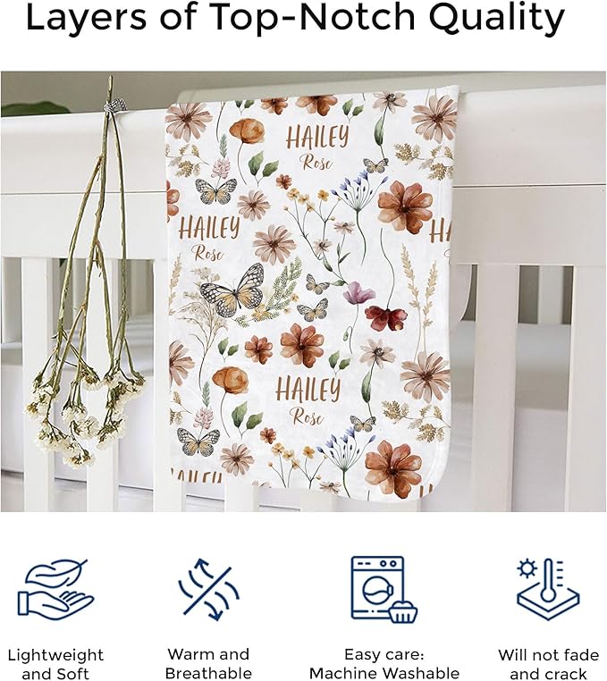 MDPrints Wildflower Custom Baby Blankets for Girls, Personalized Baby Gifts, Customized Newborn Blanket with Name, Minky Plush Fleece (Wildflower TM36)