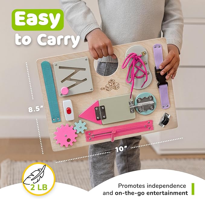 deMoca Sensory Busy Board for Toddlers, Premium Wooden Toddler Busy Board for 1 2 3 Year Old with 10 Educational Activities for Fine Motor Skills, Fidget Activity Toy for Travel Toy (Coral - Large)