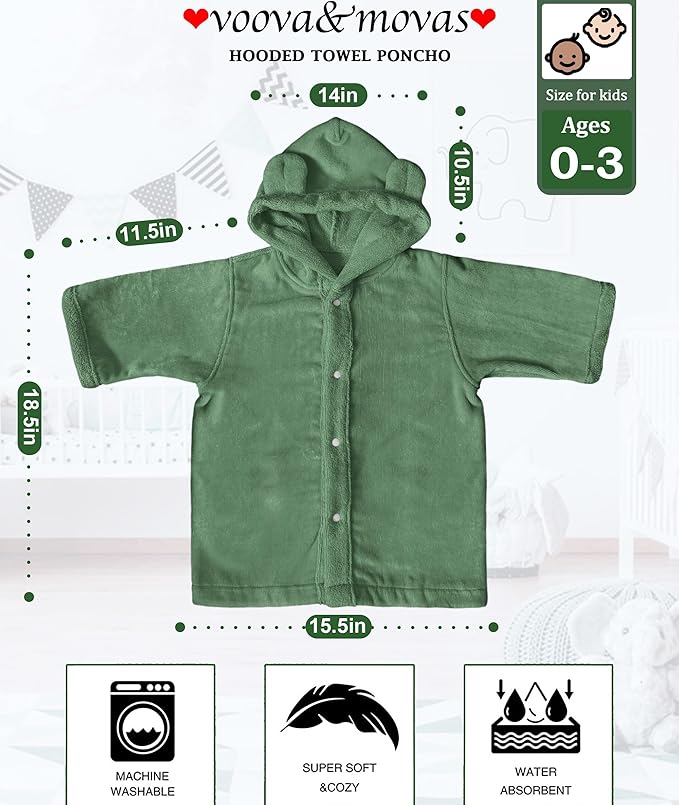 VOOVA & MOVAS Baby Hooded Towel with Bear Ear, 0-3Years | 100% Cotton, Ultra-Soft & Absorbent | Gentle for Sensitive Skin, Bath, Pool & Beach Poncho Towel | Newborn (Green)
