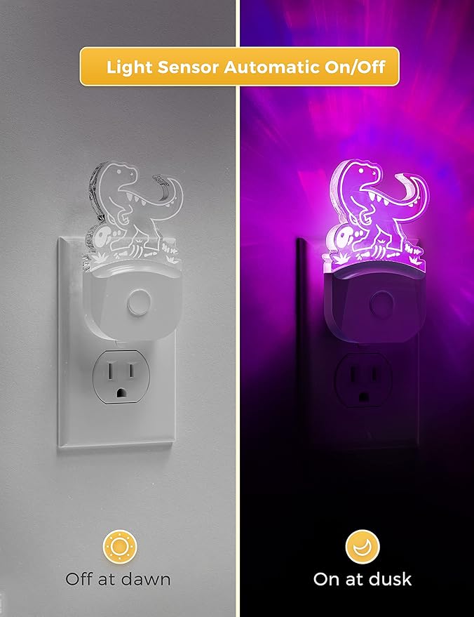 LOHAS Dinosaur Night Light for Boys, Kids Nightlight Plug in, Dusk-to-Dawn, Velociraptor LED Night Lights Plug into Wall, RGB+Soft White 3000K, 3 Lighting Modes, Ideal for Nursery Room, Bedroom Decor