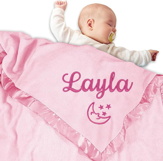 Personalized Baby Blanket with Name, Custom Flannel Swaddle Blankets, Customized Embroidered Receiving Blanket for Girls, Baby Shower Birthday for Newborn - Pink(36" x 36")