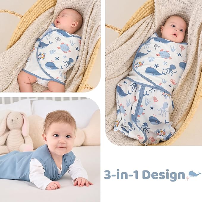 Baby Swaddle Sleep Sack 0-3 Months, Swaddles for Newborns Boy Girl, 3-Way Adjustable Infant Swaddle Wearable Blanket with Zipper & Detachable Wrap, 2 Pack Soft Snug Blue Whale