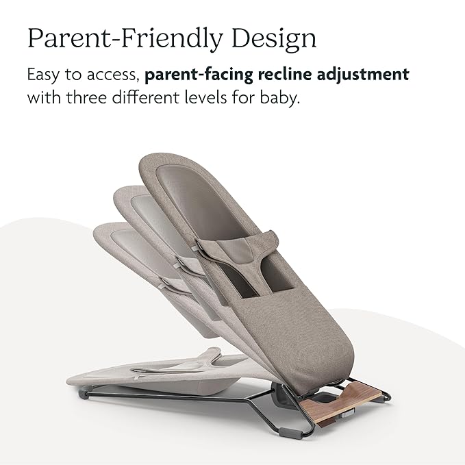 UPPAbaby Mira Bouncer/Portable 2-in-1 Bouncer + Seat Grows with Your Baby/GREENGuard® Gold, JPMA + FSC® Certified/Cozy Seat Liner + Storage Bag Included/Wells (Taupe Mélange/Black Chrome/Walnut Wood)