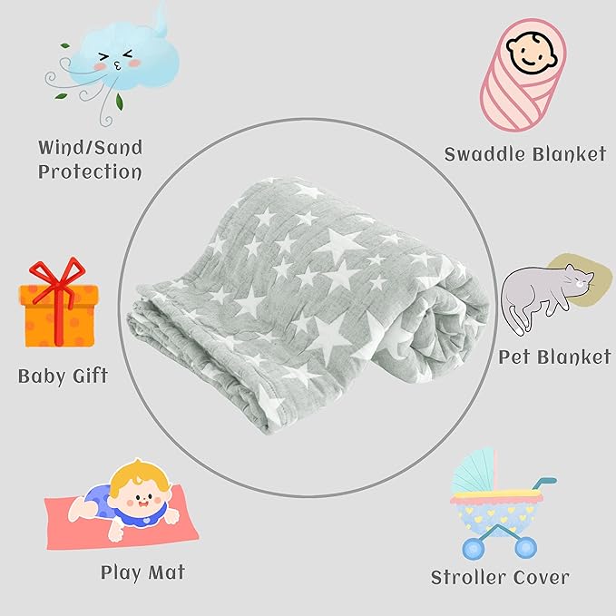 NTBAY 3 Layer Toddler Blanket, Muslin Cotton Jacquard Bed Blankets, Lightweight Thermal Baby Blanket, Super Soft and Warm Crib Blanket for All Seasons, Decoration Gift, 30"x40", Grey Star