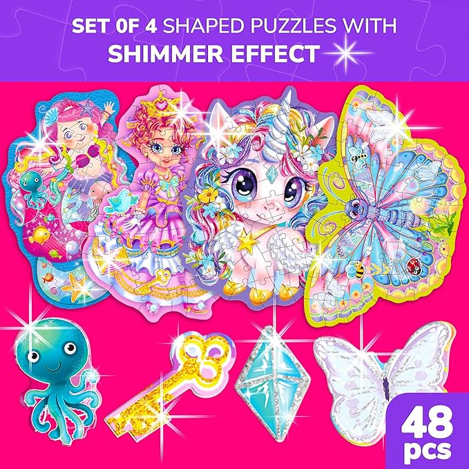 QUOKKA Shimmer Puzzles for Kids Ages 4-6 – 48 Piece Shaped Jigsaw Puzzles for Toddlers 3-5 – 4-Pack Princess, Mermaid, Butterfly & Unicorn Children's Game Ages 4-8 – Unique Gift Toy for Preschoolers