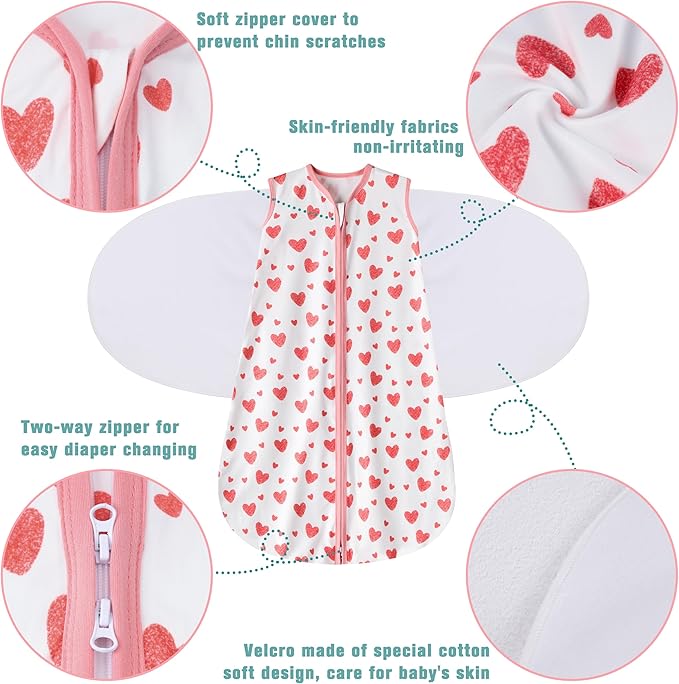 Newborn Sleep Sack Baby Swaddle,0-3 Months,3-Way Adjustable Wearable Blanket,100% Rayon Cotton Swaddling Sleeping Bag，TOG 0.5（Heart&Floral）