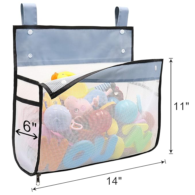 Bath Toy Organizer Multiple Ways to Hang, Extra Large Opening Bathroom Toy Holder, Bottom Zipper Bathtub Toy Storage Bag (Black)