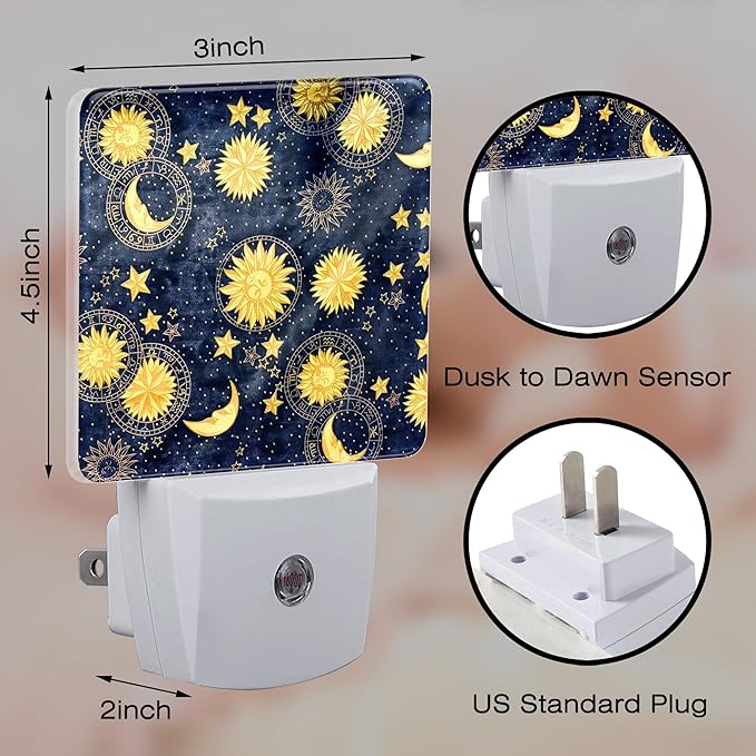 Retro Moon and Sun Night Light, Colorful Zodiac Dusk to Dawn Night Light Plug in,0.5w Energy Saving Sleep Friendly NightLight for Kids Boys Girls Home Bedroom Living Room Decor