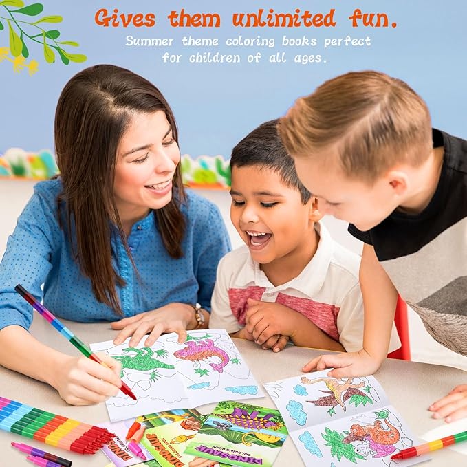 BenLouis 12 Dinosaur Mini Coloring Books Kids with 12 Stacking Crayons Dino Party Favors Small Activity Books Bulk for Kids Jurassic Party Gift Goodie Bag Stuffers