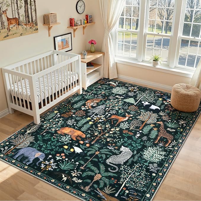 OJIA Jungle Print Nursery Rugs 8x10 Kids Room Rugs for Living Room Playroom, Green Soft Bedroom Rug Washable Area Rugs 8x10, Modern Dining Room Rug Stain Resistant Floor Carpet for Office, Green