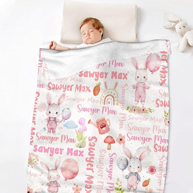Personalized Baby Blanket for Girls Boys Bunny Custom Baby Blanket with Name Swaddle Blanket for Toddlers Infants Kids Shower Newborns Nursery Stroller Crib Decor Throw Birthday Gift