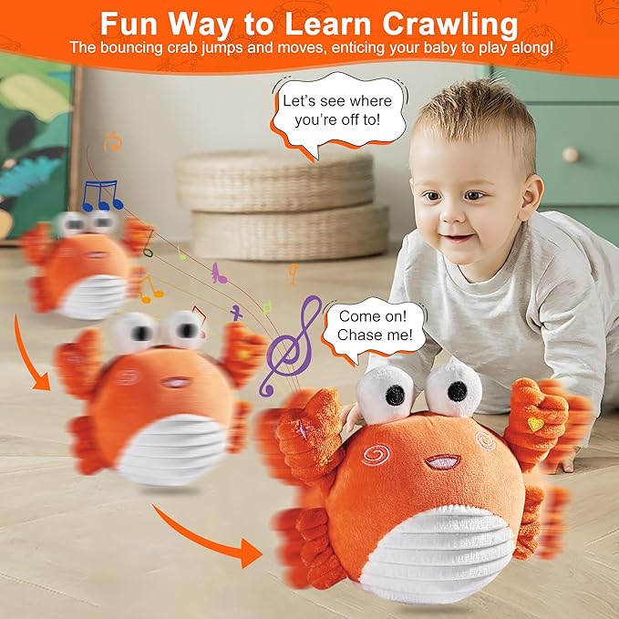 Dancing Crab Baby Toy - Musical Crawling Crab with Talking & Bouncing, Ultra-Soft Plush Infant Sensory Toy for Newborn 0-3, 3-6, 6-12 Months, Toddlers Tummy Time Gifts