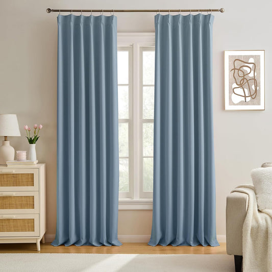 KEQIAOSUOCAI Dusty Blue Pinch Pleated Curtains 132 Inches Long Room Darkening Draperies Luxury Decor for Living Room Nursery (Stone Slate Blue 40x132 Inch 2 Panels)
