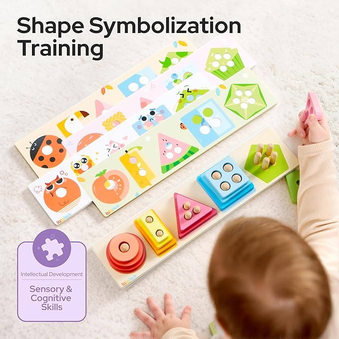 Montessori Toys for 1 2 3 Year Old Boy Girl, Wooden Sorting & Stacking Toys, Shape Sorter Baby Toy, Educational Sensory Toys for Kids, Wooden Blocks for Toddler 1-3, Christmas Birthday Gifts