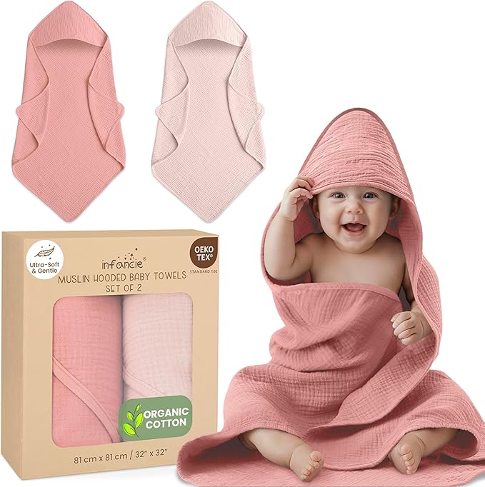 Organic Cotton Muslin Baby Hooded Towels - 32x32 Inch, 2 Pack Newborn Bath Towels for Boys & Girls, Soft & Absorbent Bath Set (Rose/Peach)